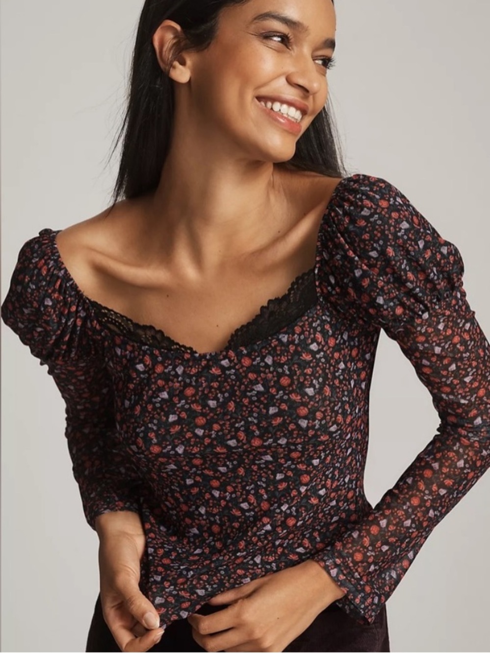 Anthropologie Maeve Mutton Sleeve Scoop Neck Ditsy Dark Floral Fitted Blouse